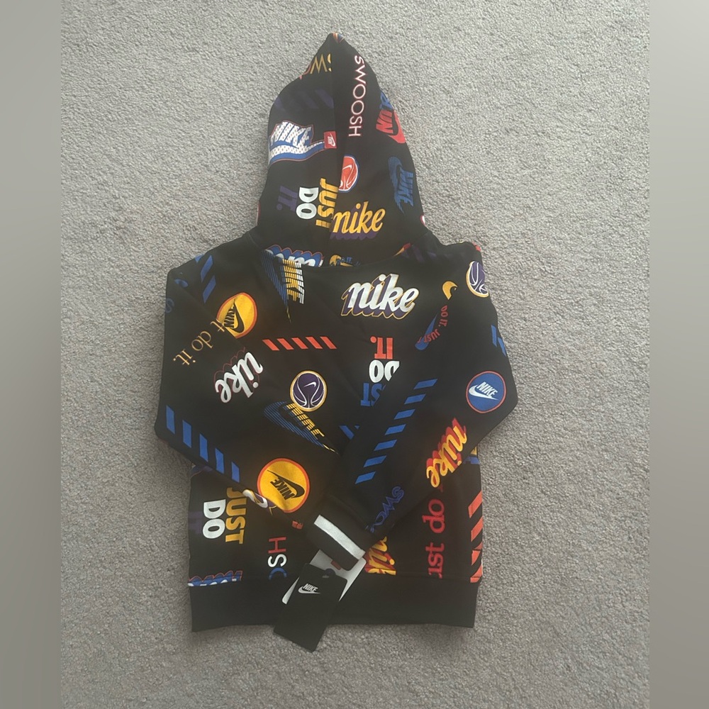 Nike Kids Black Hoodie with Colorful Logos, Size 7/L, NWT